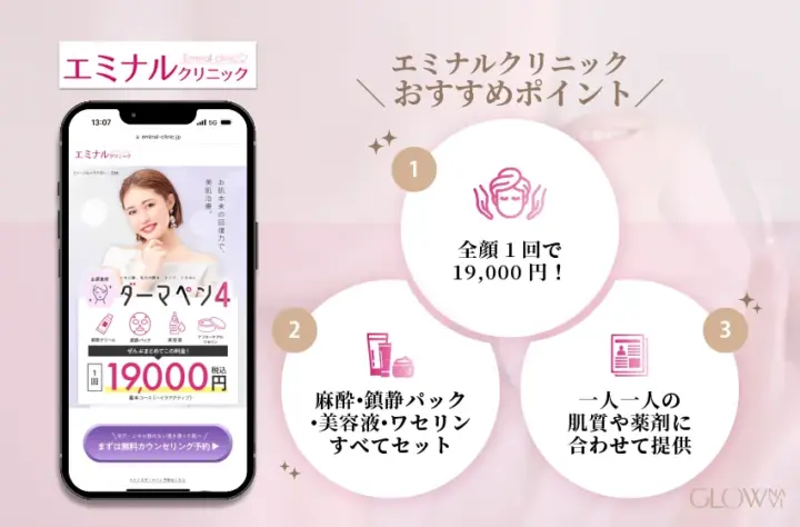 エミナルクリニックのダーマペン施術おすすめポイント。全顔1回19,000円、麻酔・美容液・鎮静パック付きで効果的な美肌治療を提供。